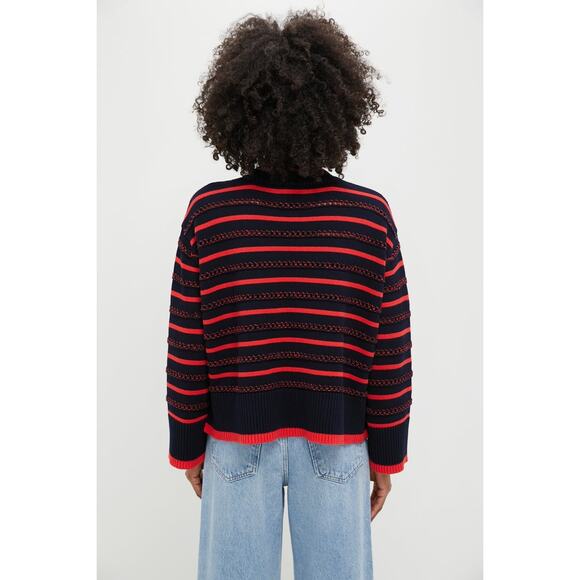 TUCKERNUCK Navy and Red Pointelle Stripe Maxine Sweater Size L NWT - Picture 2 of 7